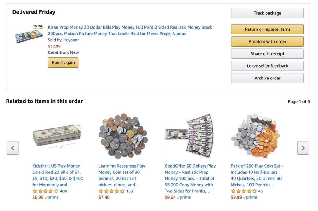Screenshot of an Amazon purchase of prop money.