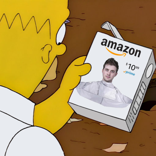 Homer Simpson holding a box with a image of Ryan Broderick in a hair bib from Amazon