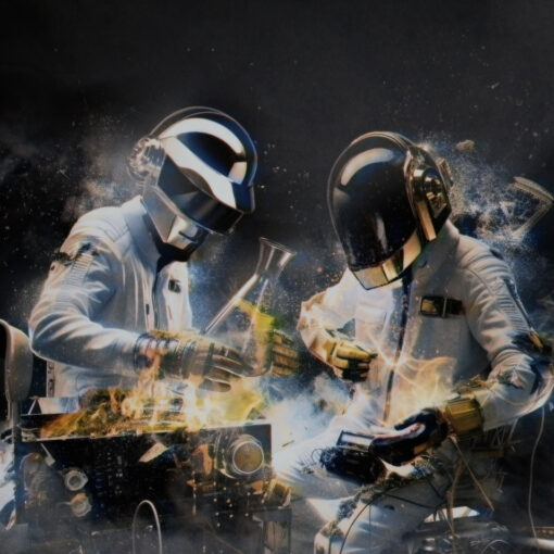 Daft Punk holding a beaker with yellow liquid in it