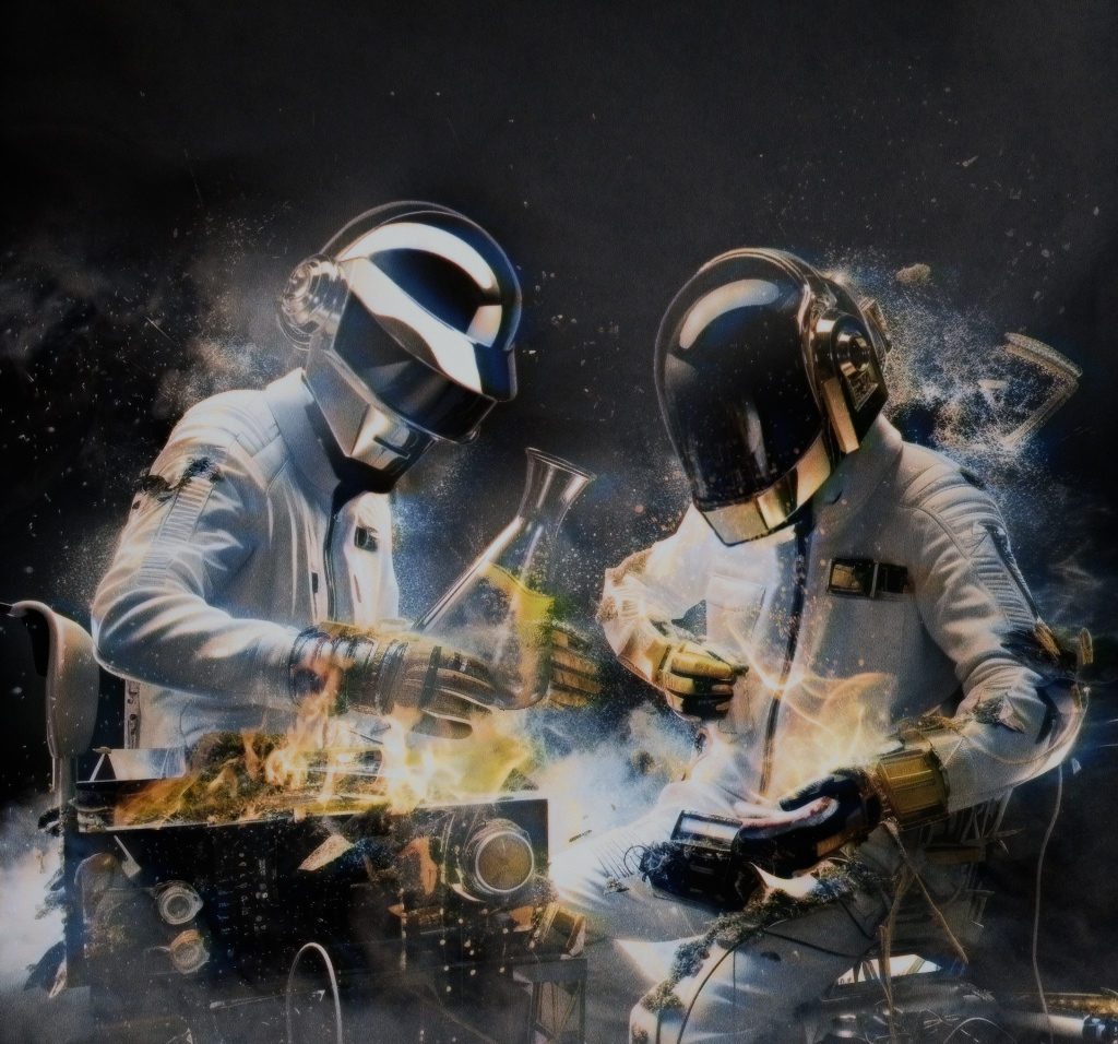 Daft Punk holding a beaker with yellow liquid in it