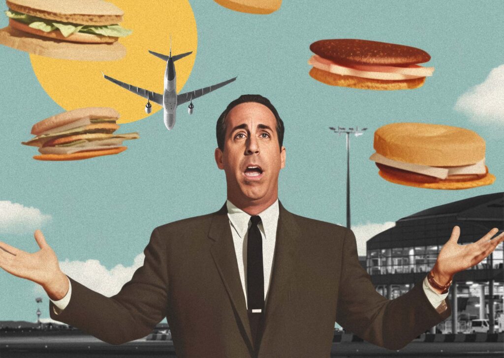 A man standing in front of an airport with sandwiches floating around him
