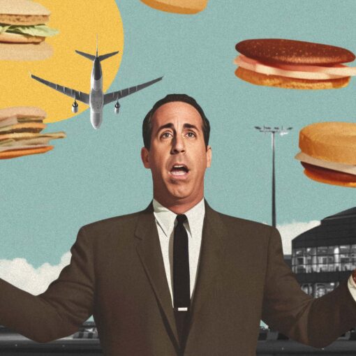 A man standing in front of an airport with sandwiches floating around him