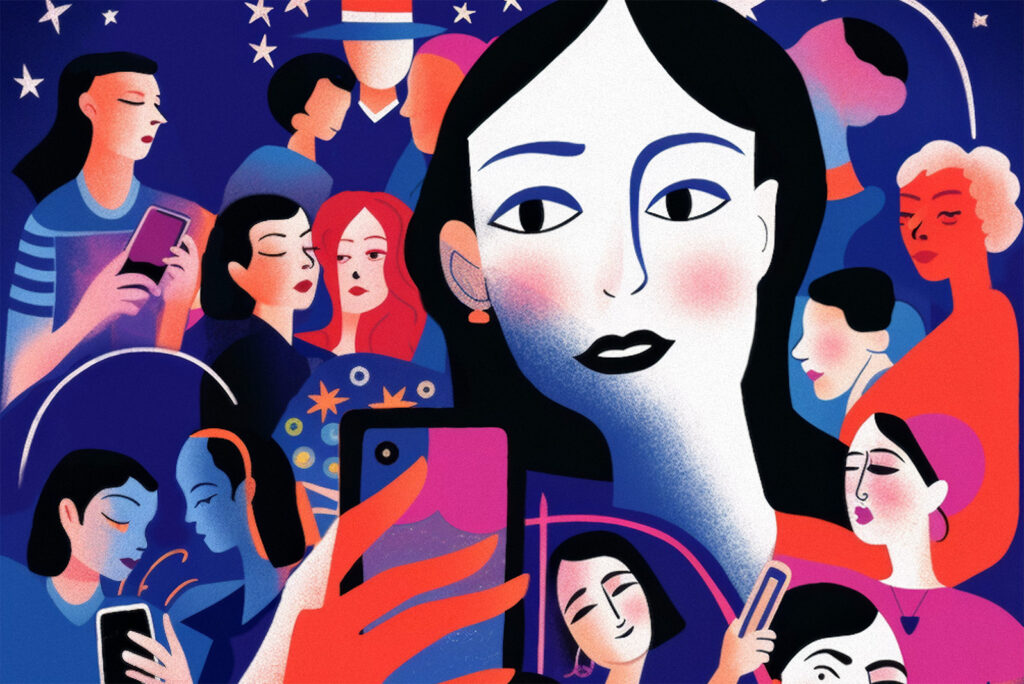 A stylized drawing of a woman holding a smartphone, surrounded by different abstract images of other people.