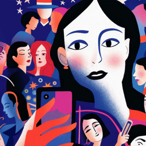 A stylized drawing of a woman holding a smartphone, surrounded by different abstract images of other people.
